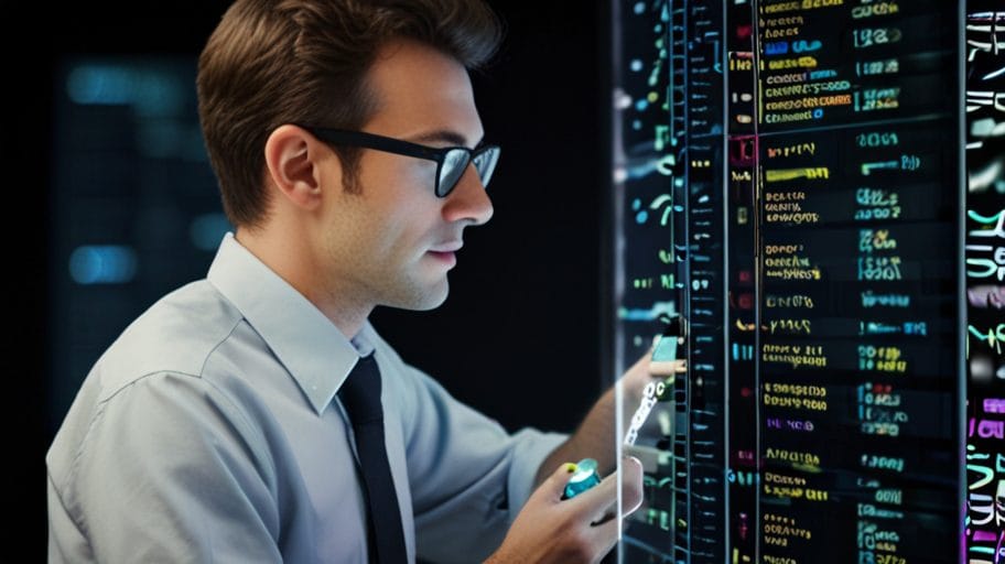 AI tech: Man analyzes code on a digital screen. Tech world news, AI laptops.