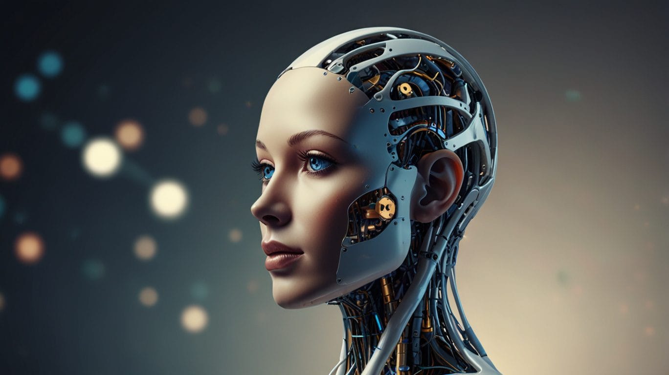AI robot with human-like face. Artificial intelligence concept with advanced technology.