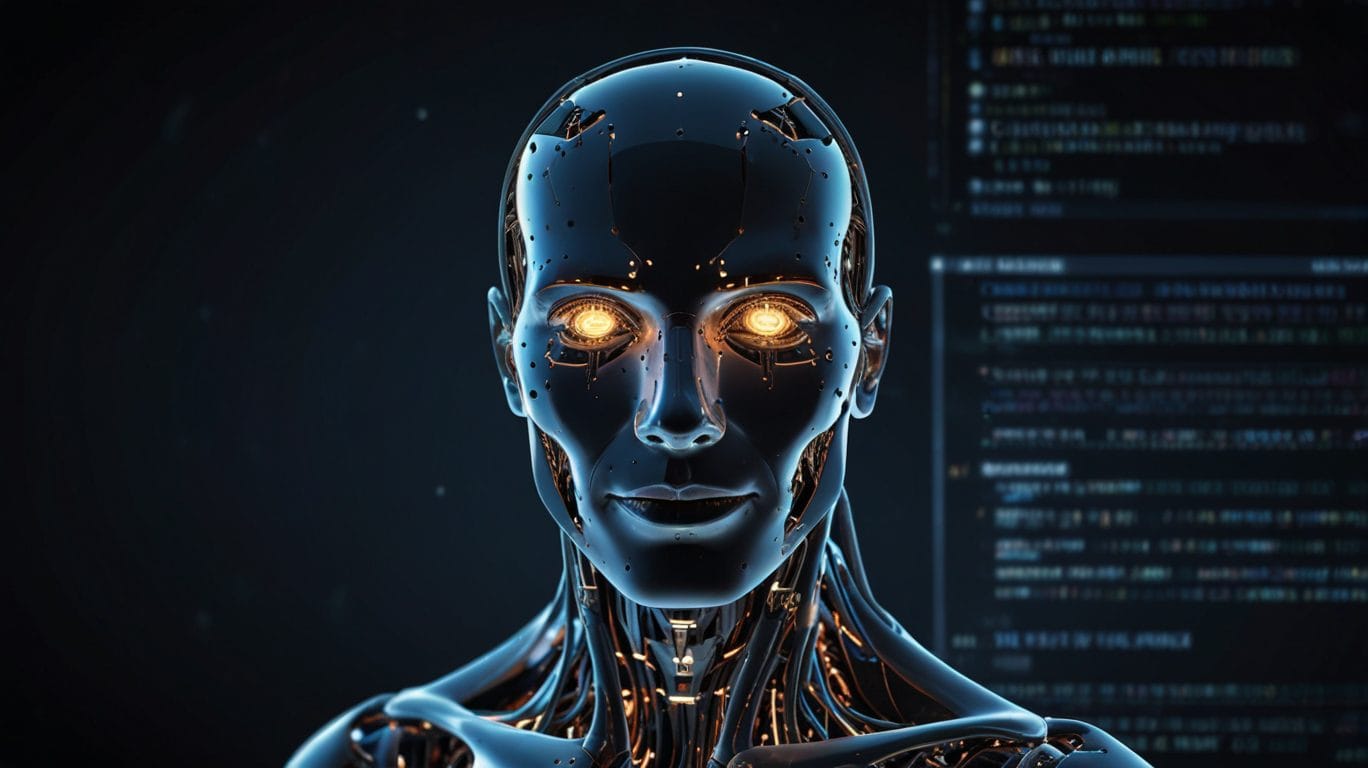 AI in the Metaverse. Futuristic robot face with glowing eyes and code. Digital frontier concept.