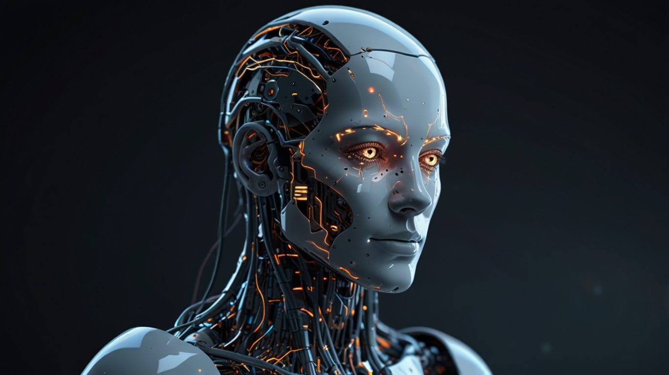 AI-powered cybersecurity: Close-up of a humanoid robot with glowing eyes and visible internal wiring. Artificial intelligence concept.