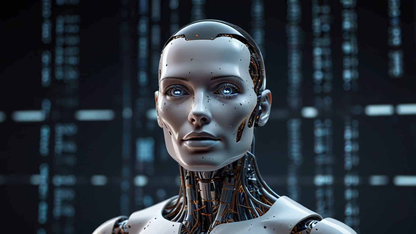 AI on the Move: How Artificial Intelligence is Revolutionizing the Mobile Industry AI Robot. Artificial intelligence female cyborg with digital code background.