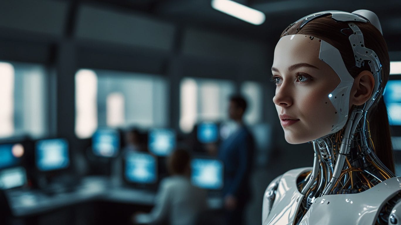 AI robot with human-like face. Artificial intelligence in the workplace concept.