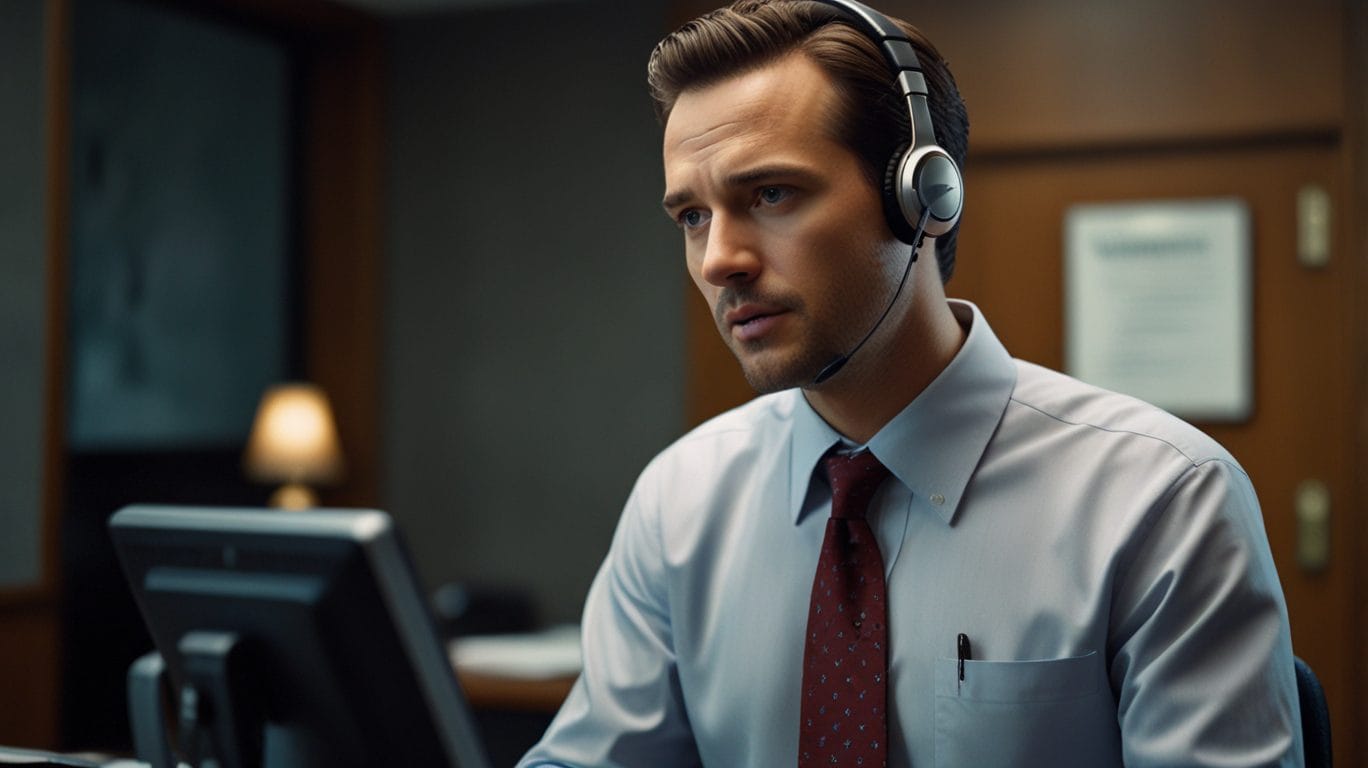 Man with headset at computer. AI voice cloning threat, deception concept.