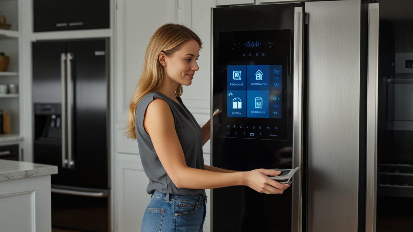 Woman interacting with a smart refrigerator in a modern kitchen. Smart appliances.
