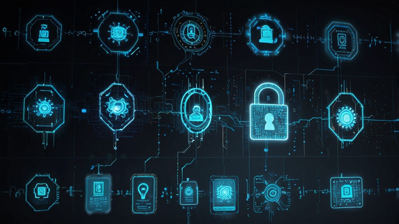 Cybersecurity risks in digital age. Abstract tech network with padlock, user, lightbulb, and device icons.