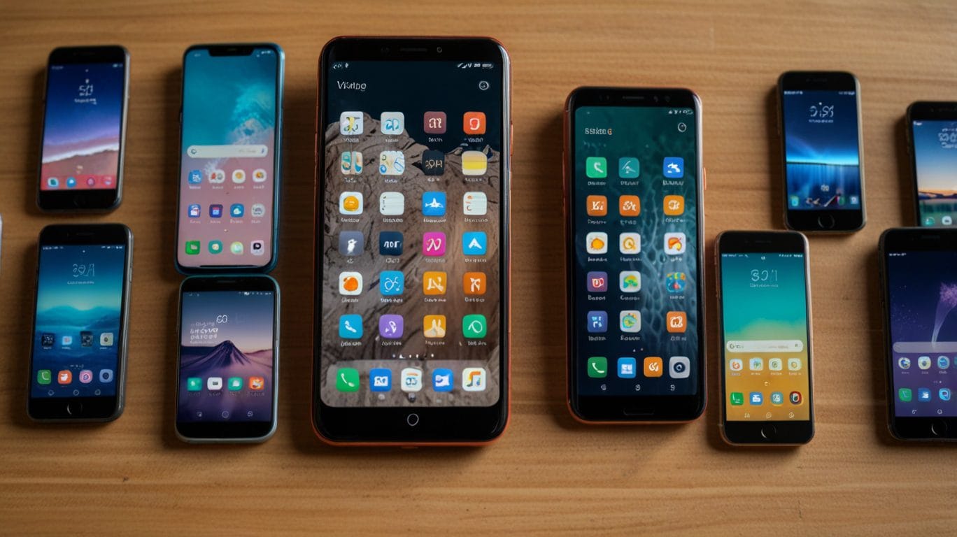 Mobile industry news July 2024: Array of smartphones, various brands and models on display. Mobile technology.