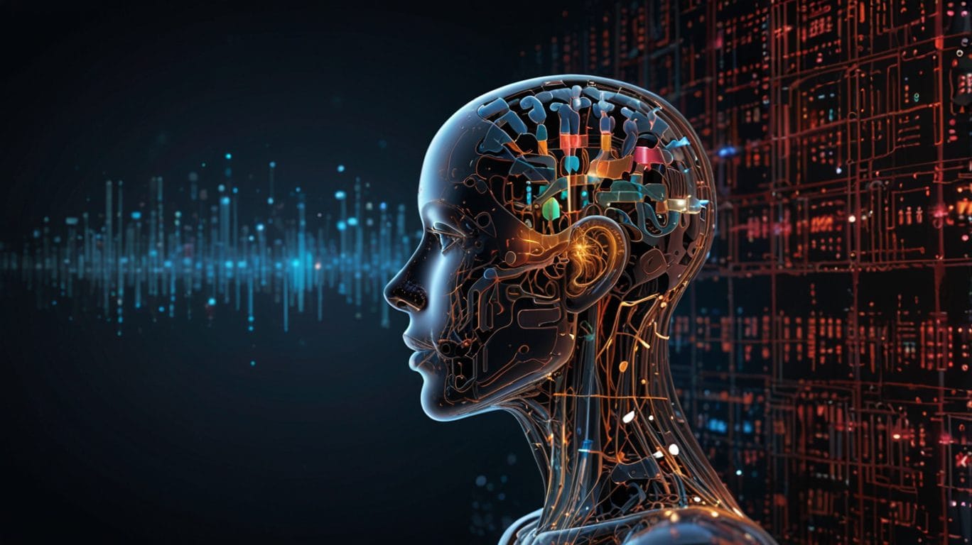 Generative AI concept. Digital human head with circuit board and data streams.