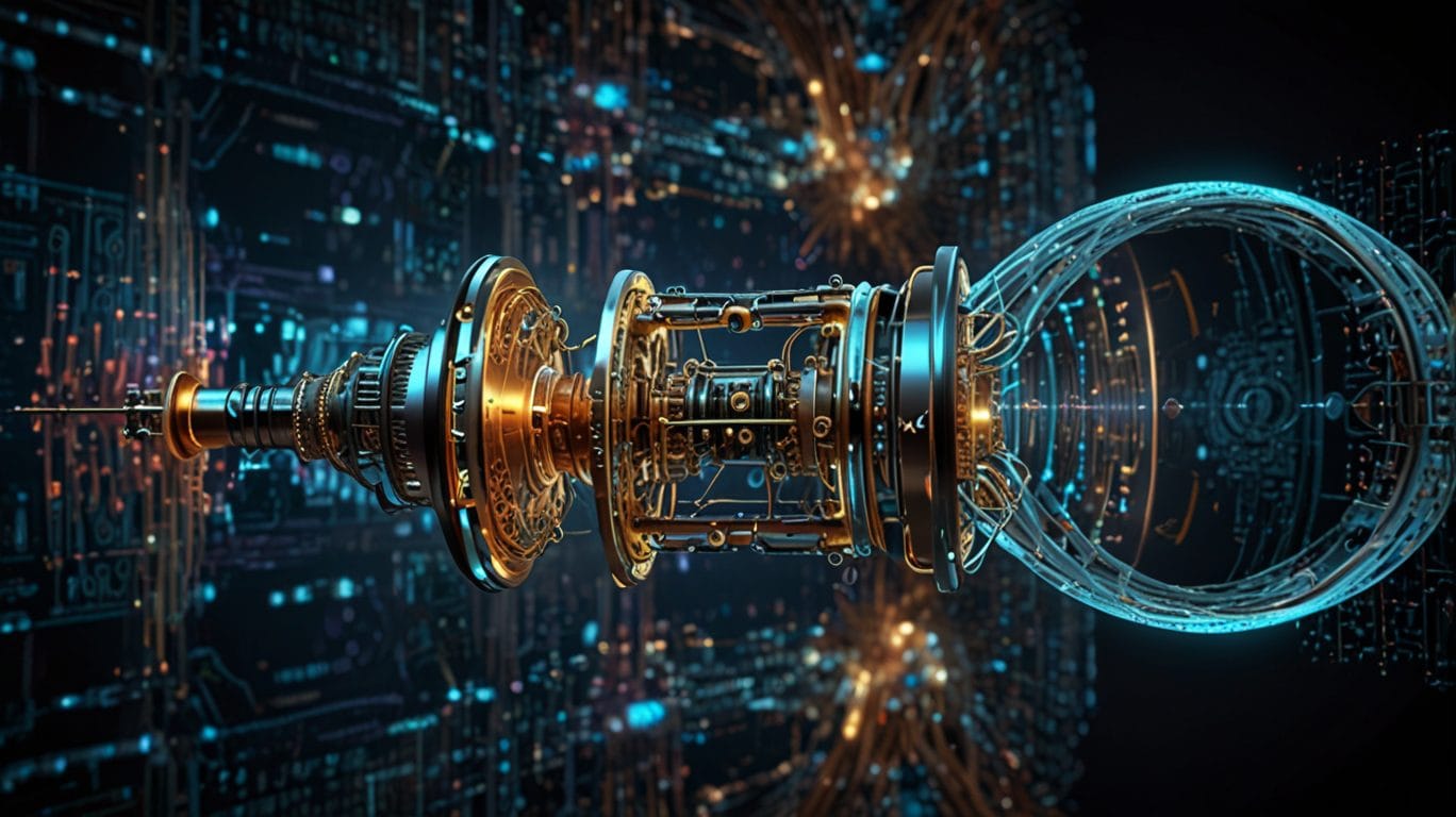 Quantum computing hardware. Abstract machine illustration for the quantum revolution.