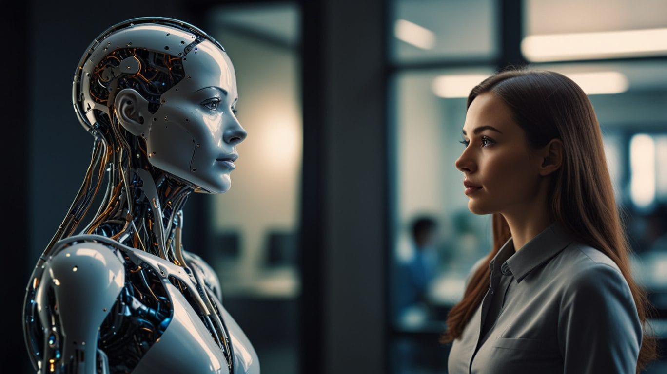 AI and human face to face. Automation and the future of work concept.