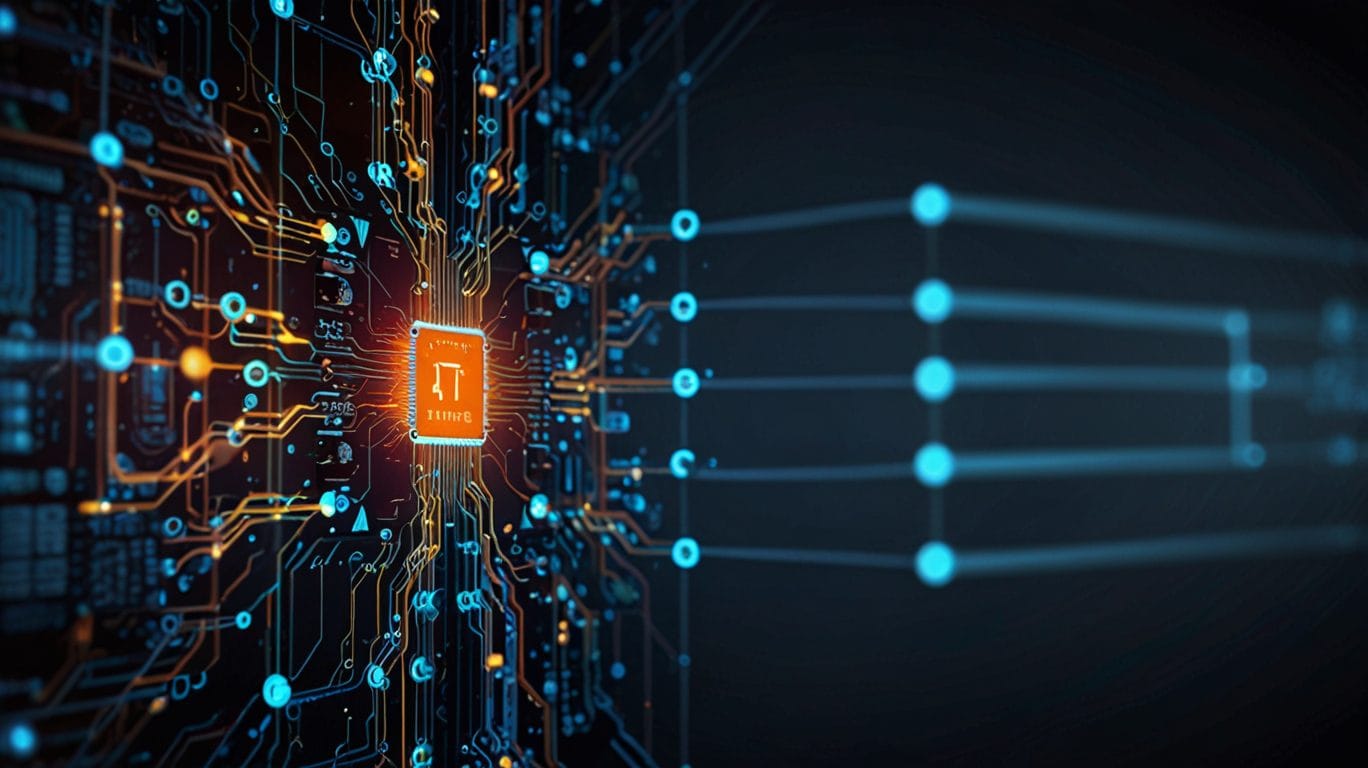 TinyML concept. Close-up of a circuit board with a microchip. Technology powering intelligent devices.