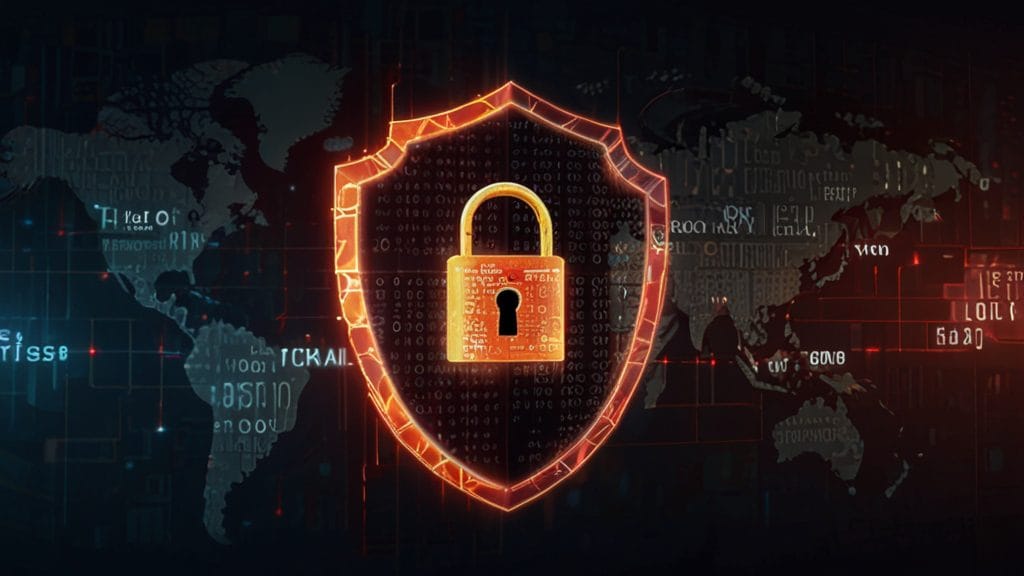 Cybersecurity news: Padlock inside shield on world map background.