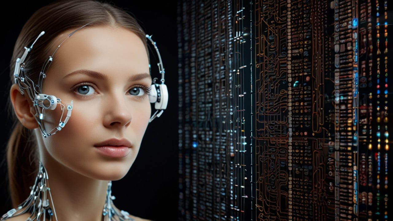 Generative AI concept: Woman with futuristic tech, circuit board background. Artificial intelligence era.