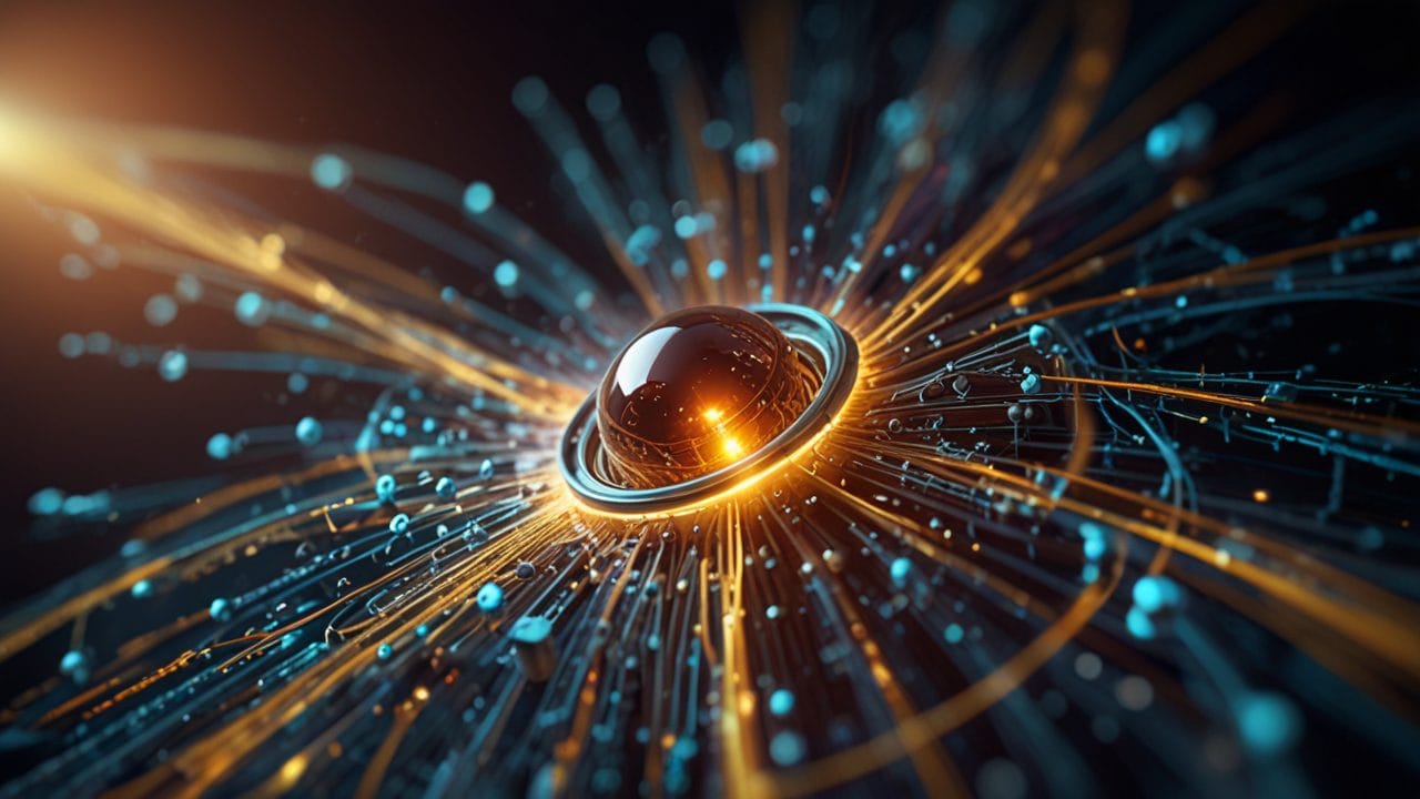 Quantum computing concept. Abstract sphere with glowing trails. Rise of quantum computation.