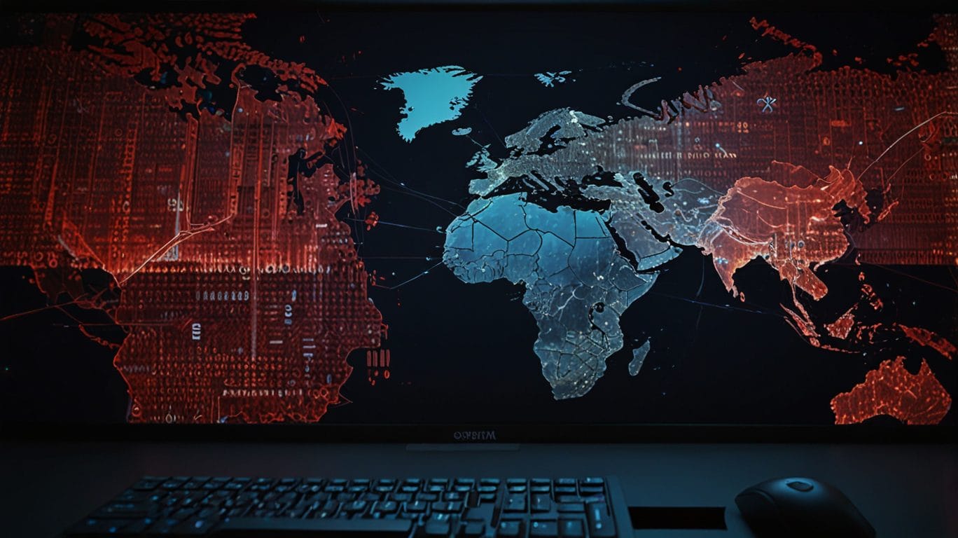Cyber warfare concept: World map on screen with binary code overlay. Digital arms race, cybersecurity threat.